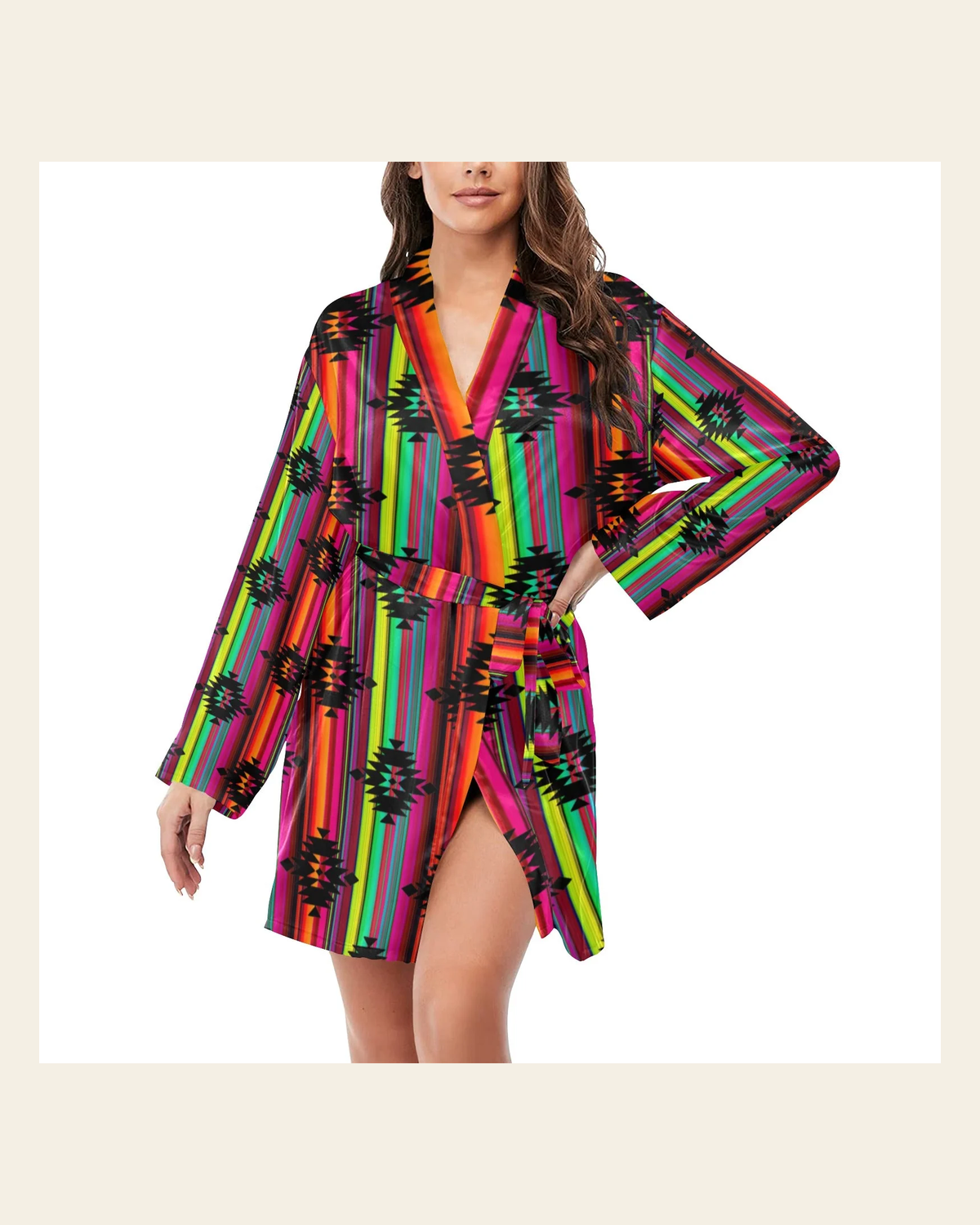 Baha Ranch Neon Aztec Women's Long Sleeve Belted Satin Feel Dressing Lounge Robe on a warm cream background