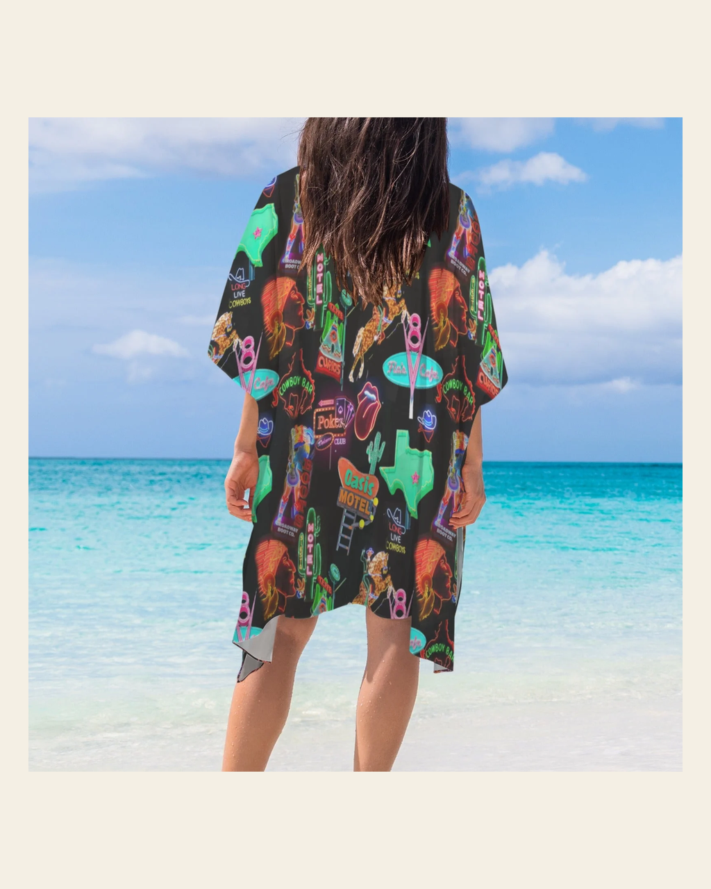 Baha Ranch Neon Vegas Duster Kimono Coverup on a warm cream background