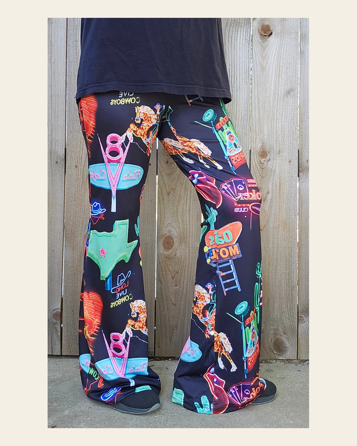 Baha Ranch Neon Vegas Flare Pants on a warm cream background