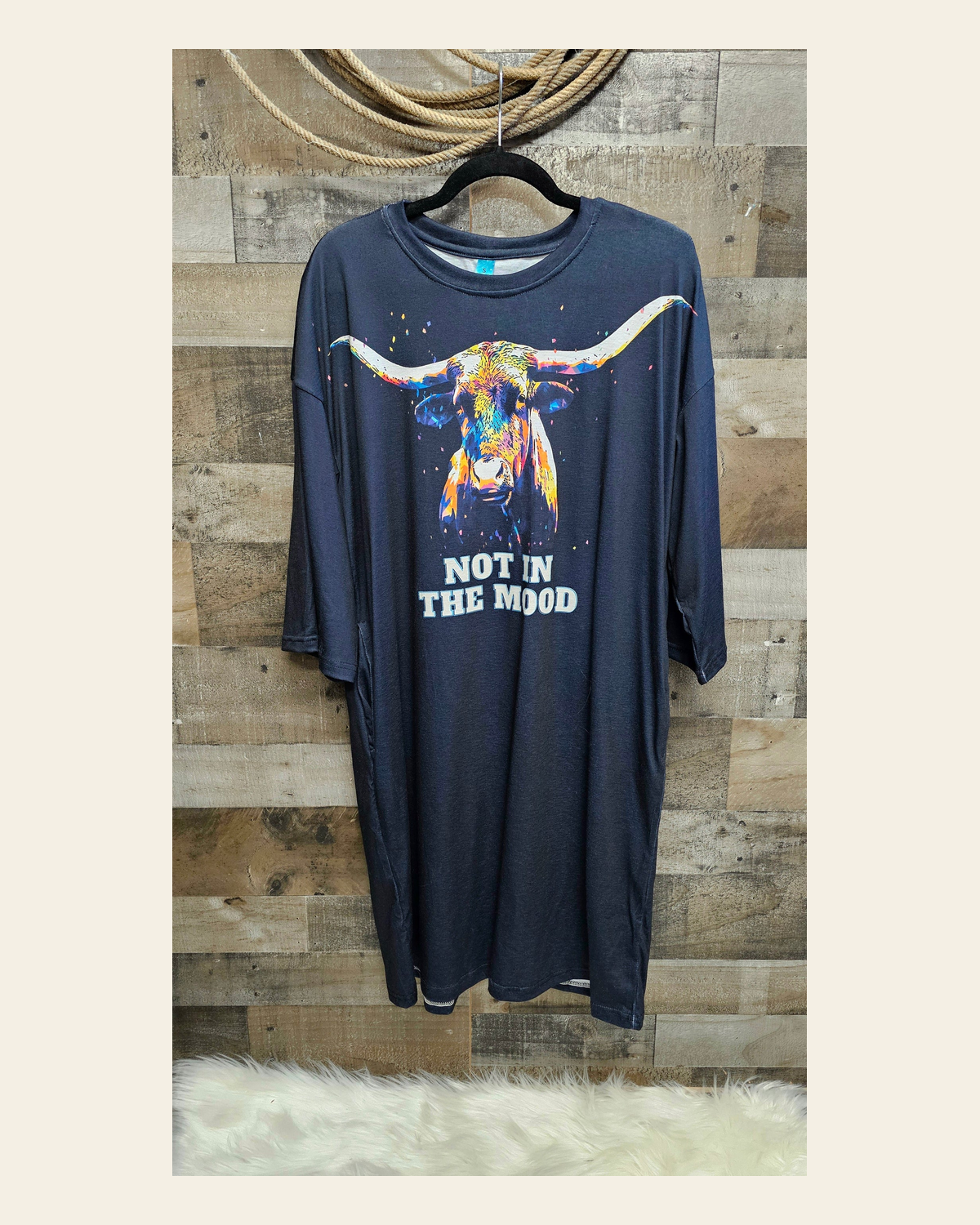 Baha Ranch Not in the mood Longhorn Oversized Sleepshirt on a warm cream background