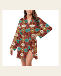 Baha Ranch Old Aztec Women's Long Sleeve Belted Satin Feel Dressing Lounge Robe on a warm cream background