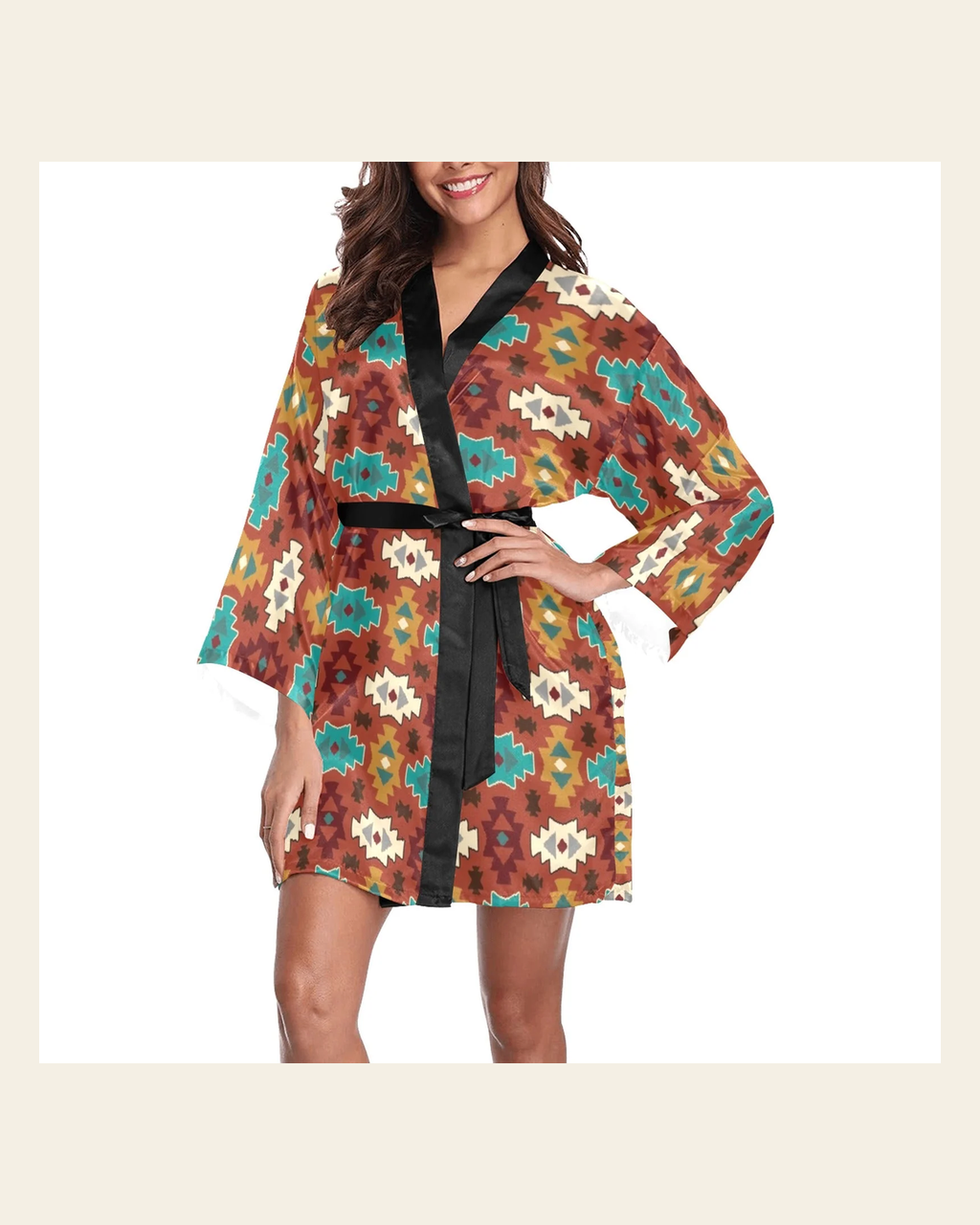 Baha Ranch Old Aztec Women's Lounge Kimono Robe on a warm cream background