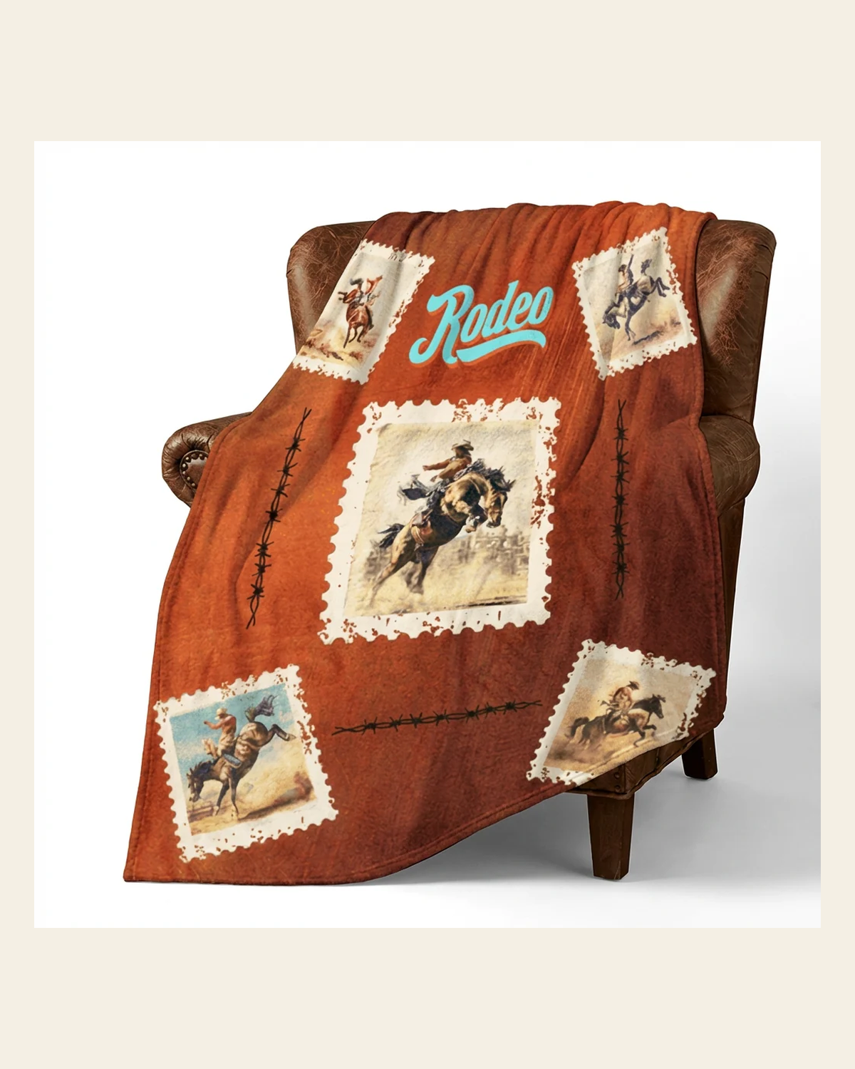 Baha Ranch Old Rodeo Western Throw Blanket 60" x 80" Ultra Soft Made in America on a warm cream background