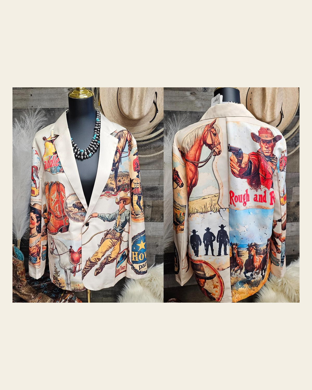 Baha Ranch Old West Cowboy Western Cowgirl Vintage Retro Women's Blazer on a warm cream background