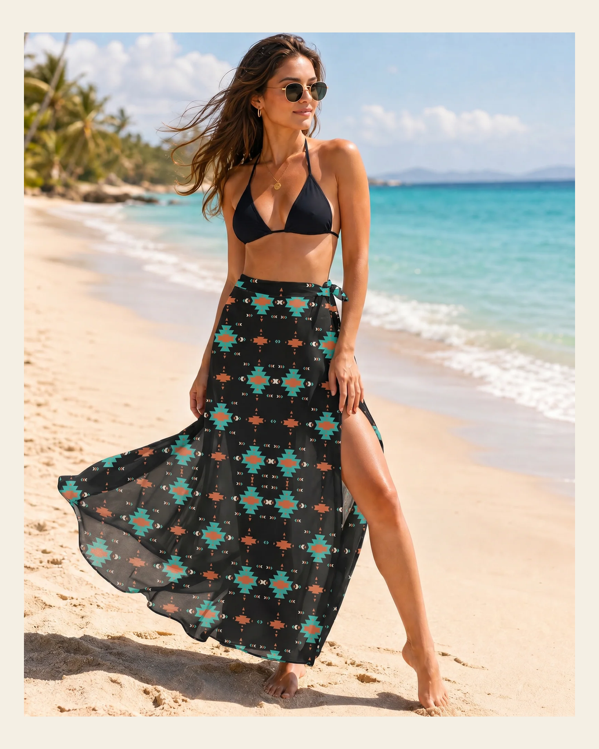 Baha Ranch Orange Aztec Beach Coverup Skirt on a warm cream background