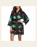 Baha Ranch Orange Turquoise Women's Lounge Kimono Robe on a warm cream background