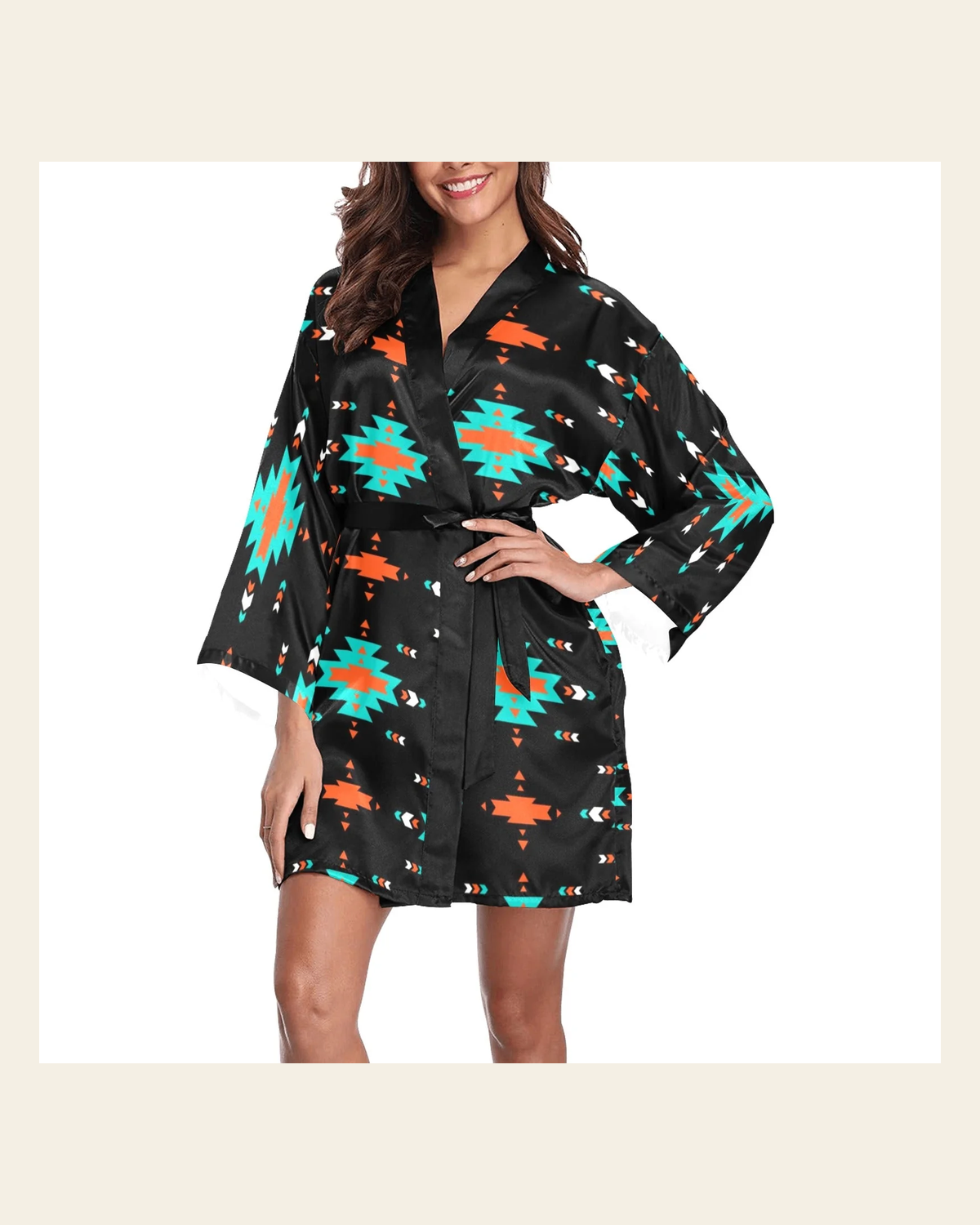 Baha Ranch Orange Turquoise Women's Lounge Kimono Robe on a warm cream background