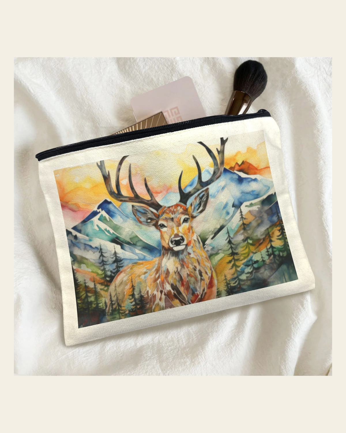 Baha Ranch Painted Buck Cosmetic Bag Pack of 5 Made in America on a warm cream background