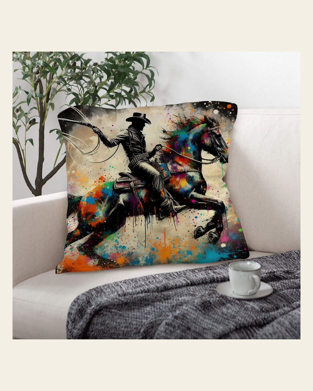 Baha Ranch Painted Cowboy Throw Pillow Case Made in America on a warm cream background