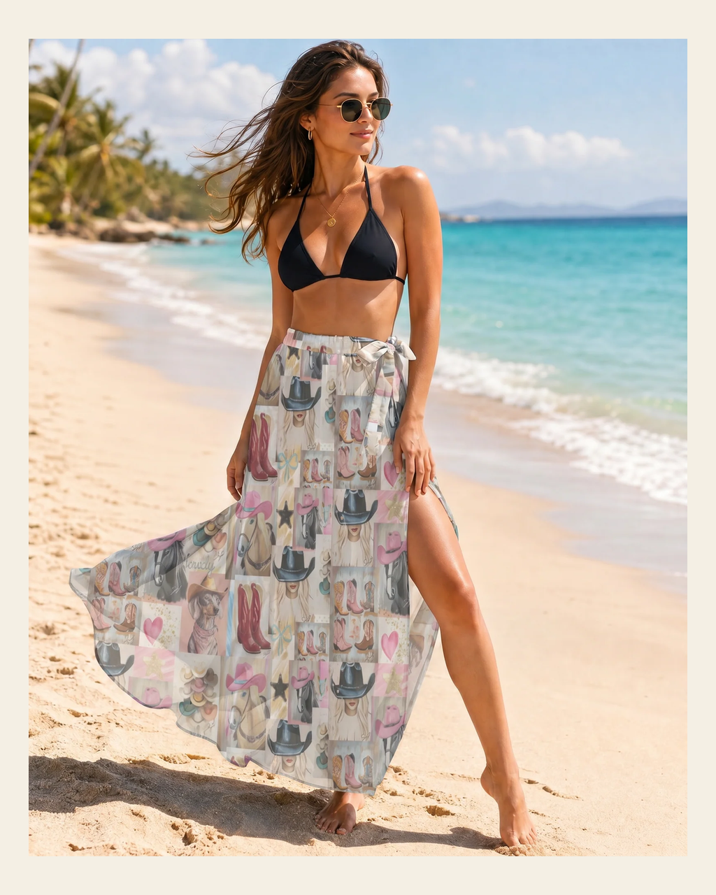 Baha Ranch Painted Cowgirl Beach Swim Coverup Skirt on a warm cream background