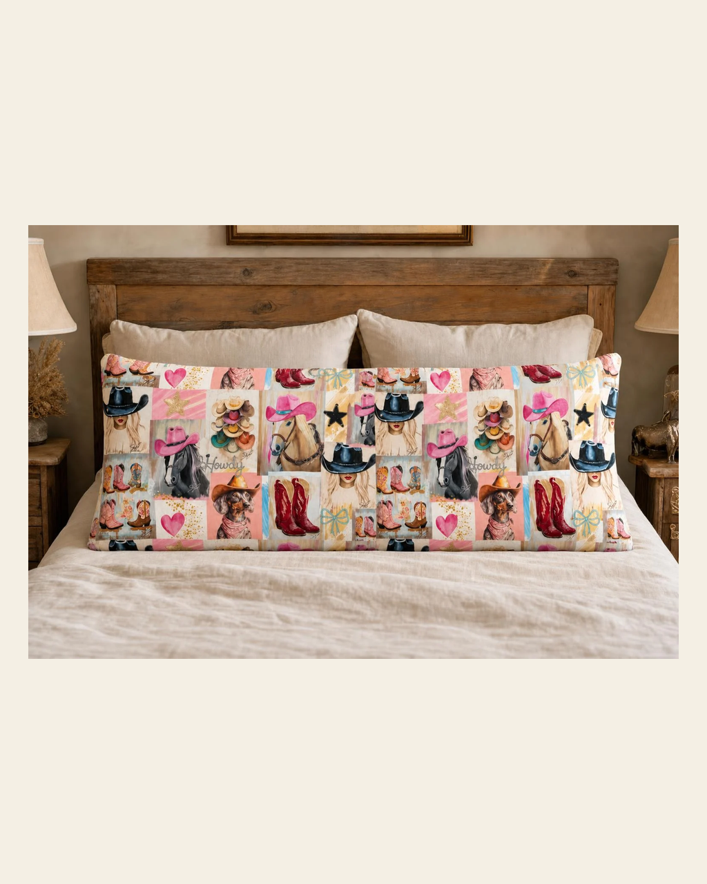 Baha Ranch Painted Cowgirl Western Body Pillow Cover Made in America on a warm cream background