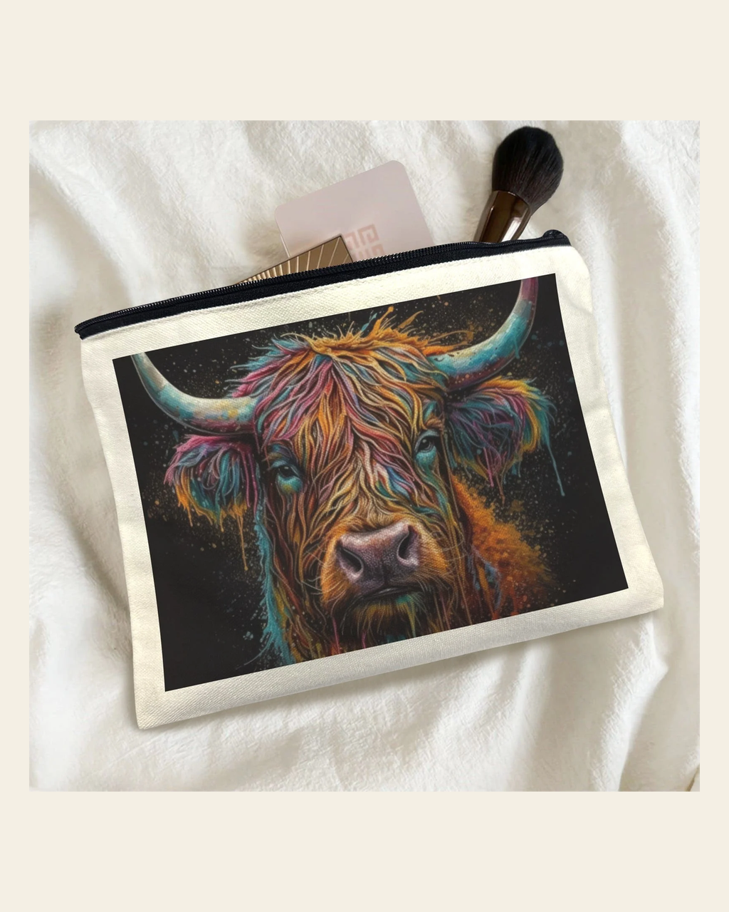 Baha Ranch Painted Highland Cow Cosmetic Bag Pack of 5 Made in America on a warm cream background