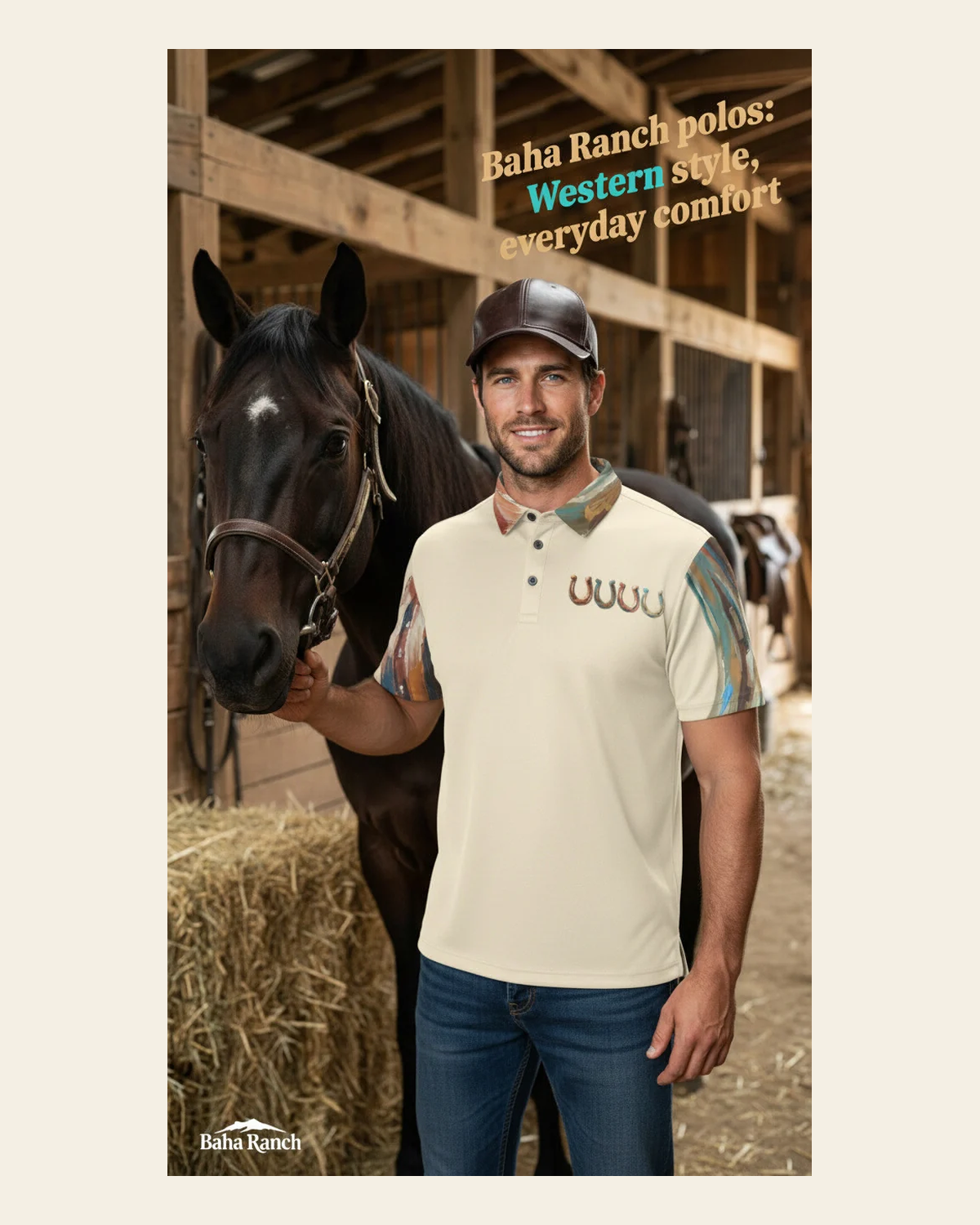 Baha Ranch Painted Horseshoe Polo Shirt on a warm cream background