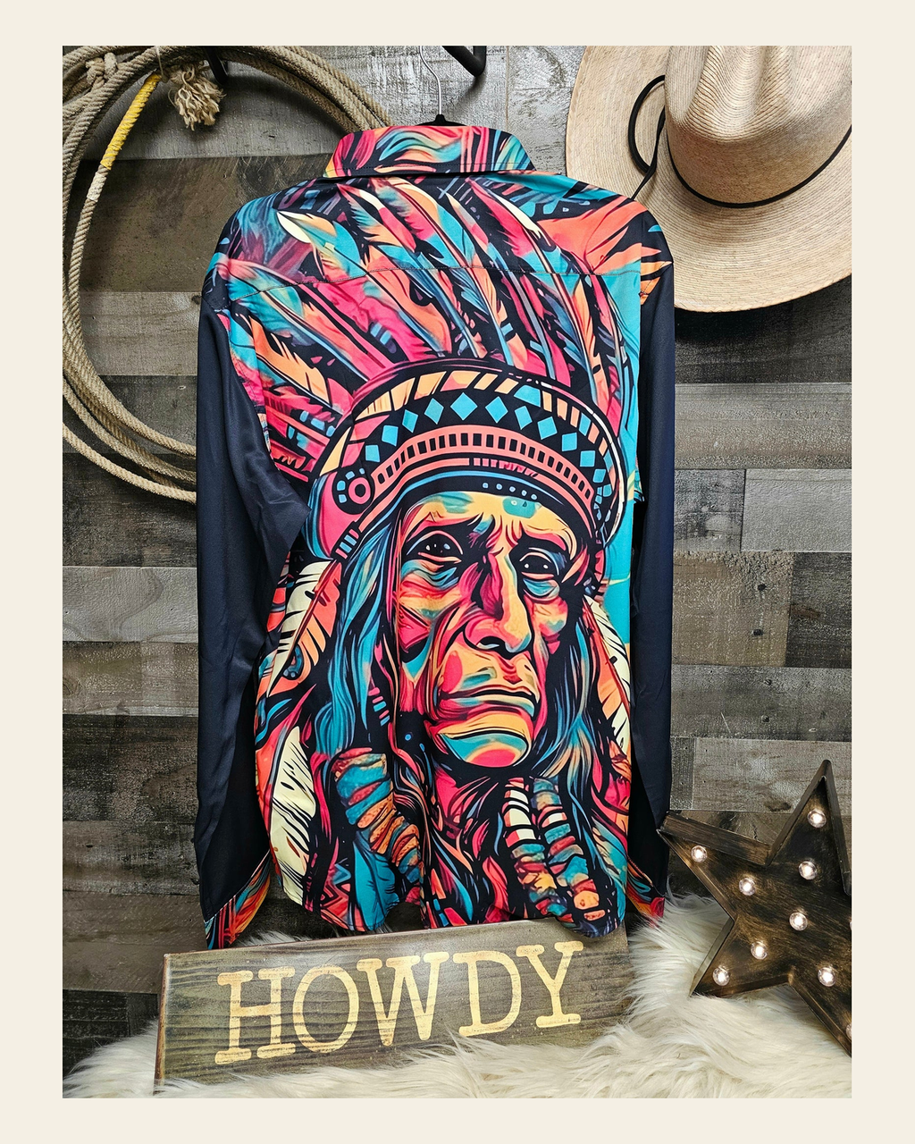 Baha Ranch Painted Indian Chief Unisex Western Button Up Shirt on a warm cream background