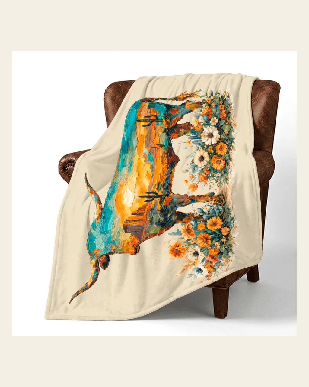 Baha Ranch Painted Longhorn Throw Blanket 60" x 80" Made in America on a warm cream background