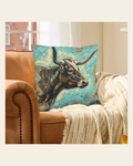 Baha Ranch Painted Longhorn Velvety Soft Pillow Case Made in America on a warm cream background