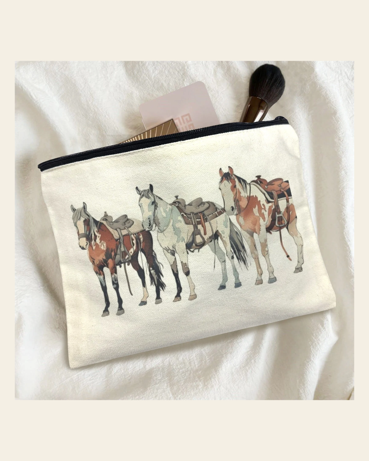 Baha Ranch Painted Ranch Horses Cosmetic Bag Pack of 5 Made in America on a warm cream background