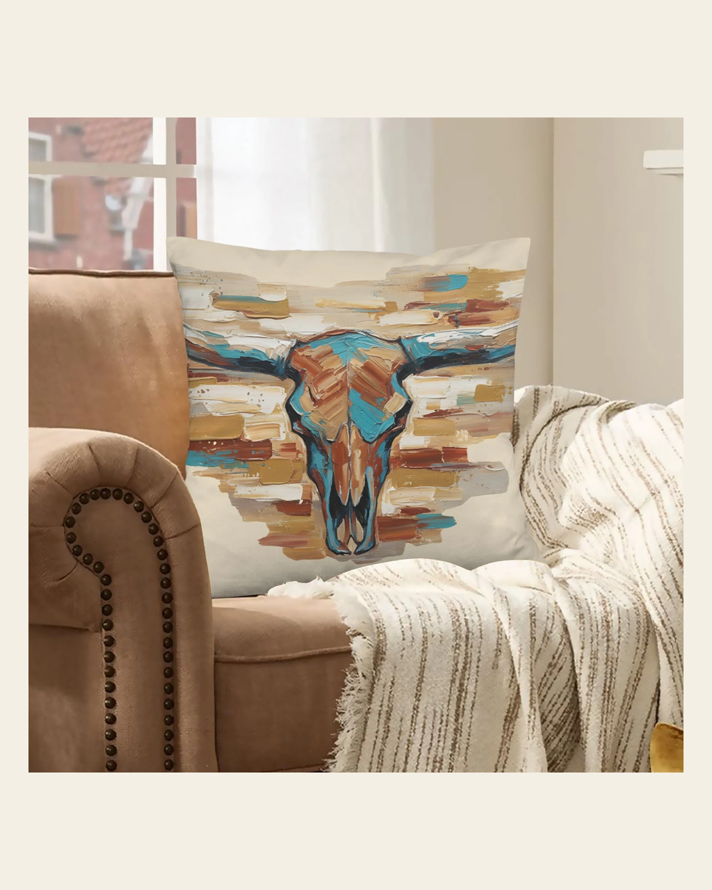 Baha Ranch Painted Tan Longhorn Velvety Soft Pillow Case Made in America on a warm cream background