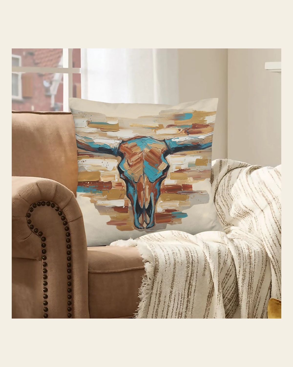 Baha Ranch Painted Tan Longhorn Velvety Soft Pillow Case Made in America on a warm cream background