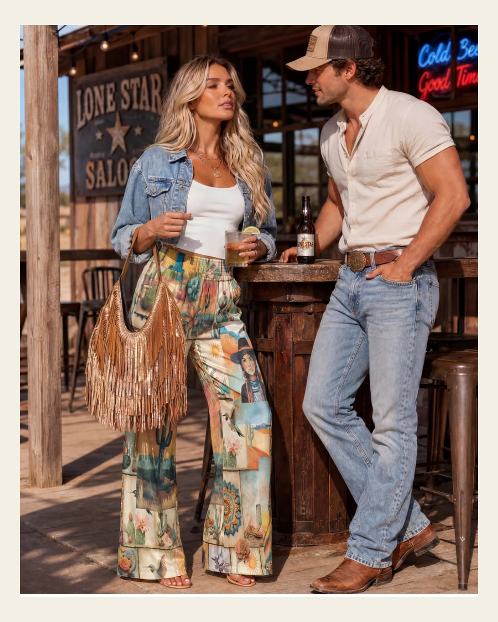 Baha Ranch Pictures of the Southwest High Waisted Wide Leg Pants on a warm cream background