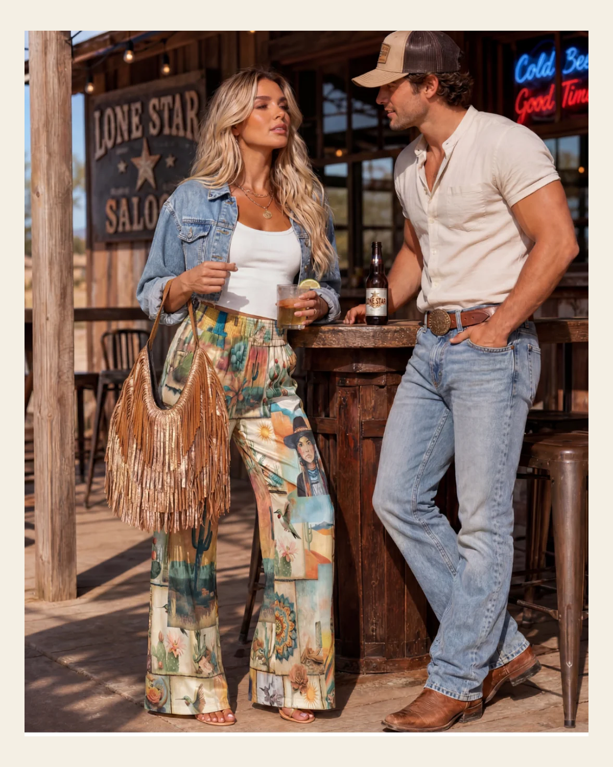 Baha Ranch Pictures of the Southwest High Waisted Wide Leg Pants on a warm cream background