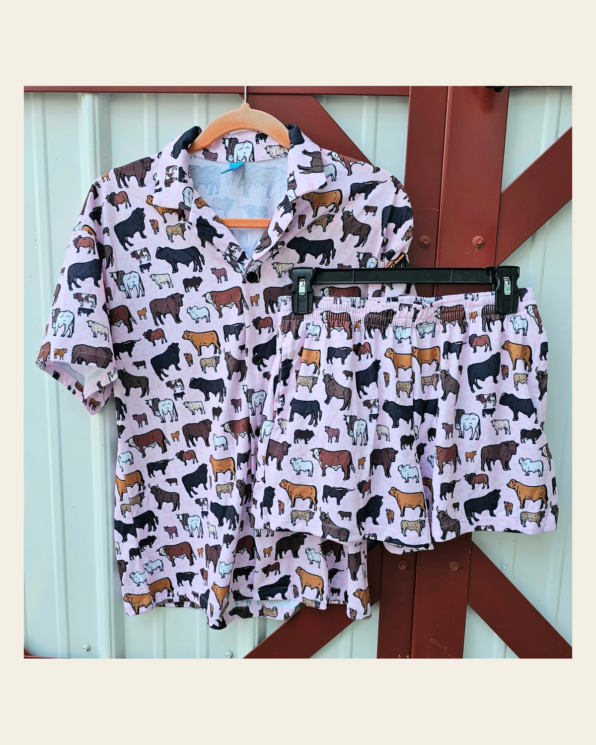 Baha Ranch Pink Cattle Ranch Women's Western Pajama Set on a warm cream background