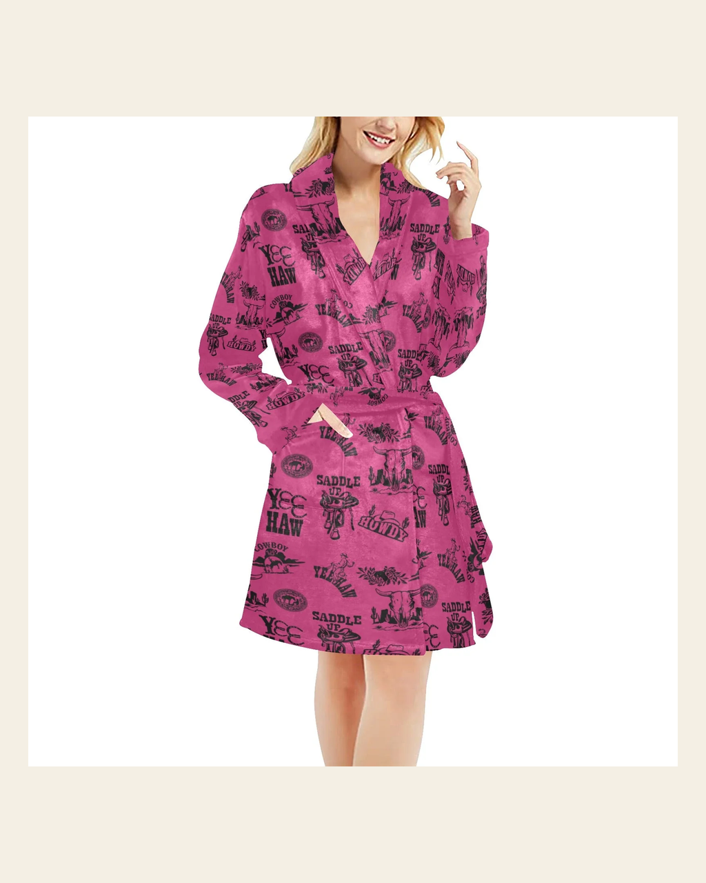 Baha Ranch Pink Cowboy Print Western Bath Robe on a warm cream background