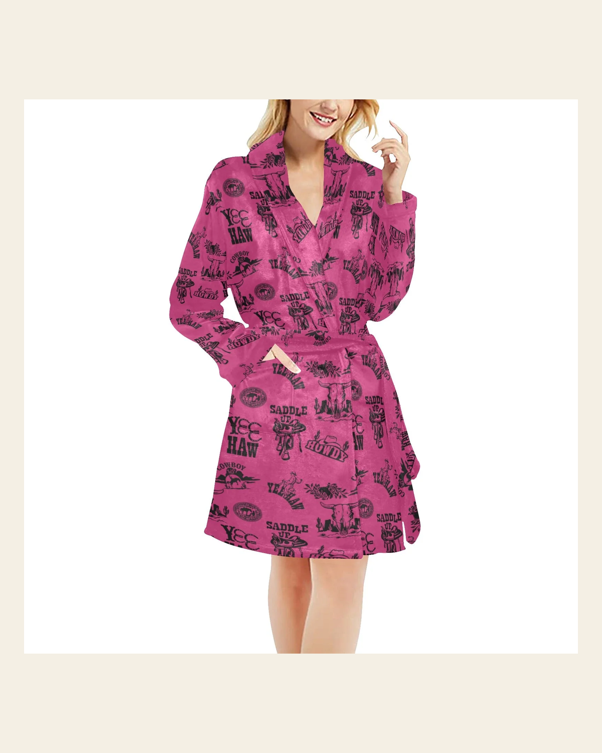 Baha Ranch Pink Cowboy Print Western Bath Robe on a warm cream background