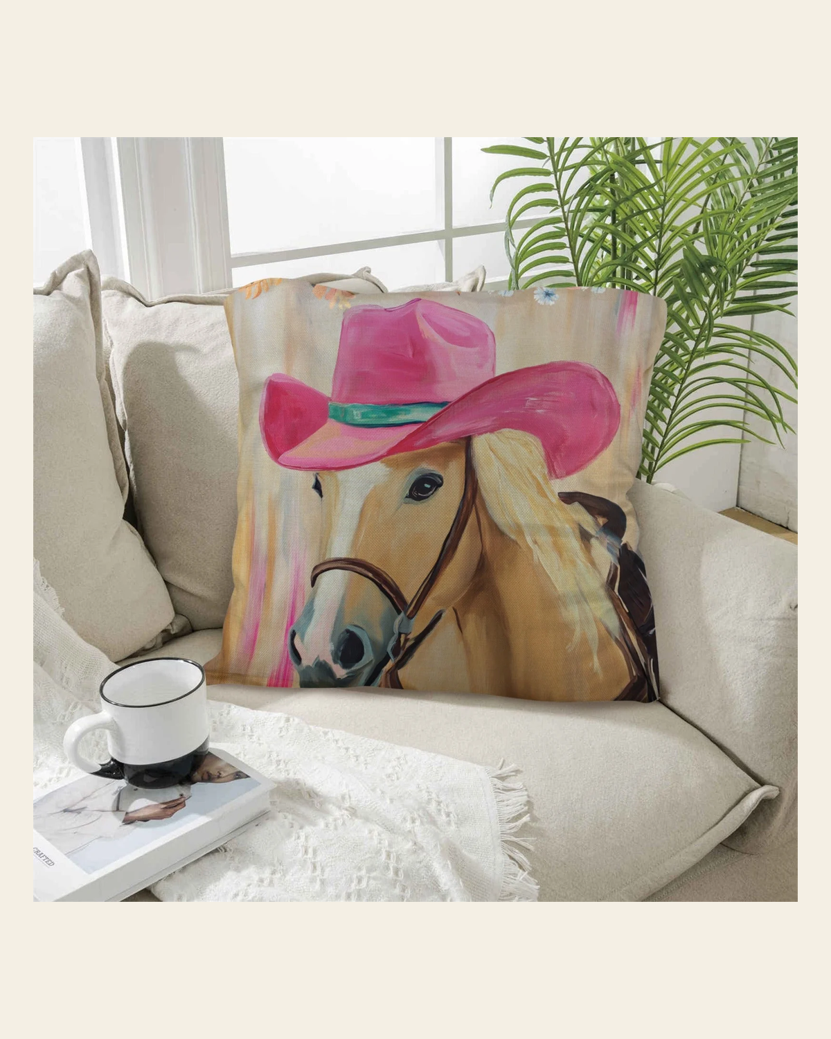 Baha Ranch Pink Cowgirl Horse Pillow Case on a warm cream background