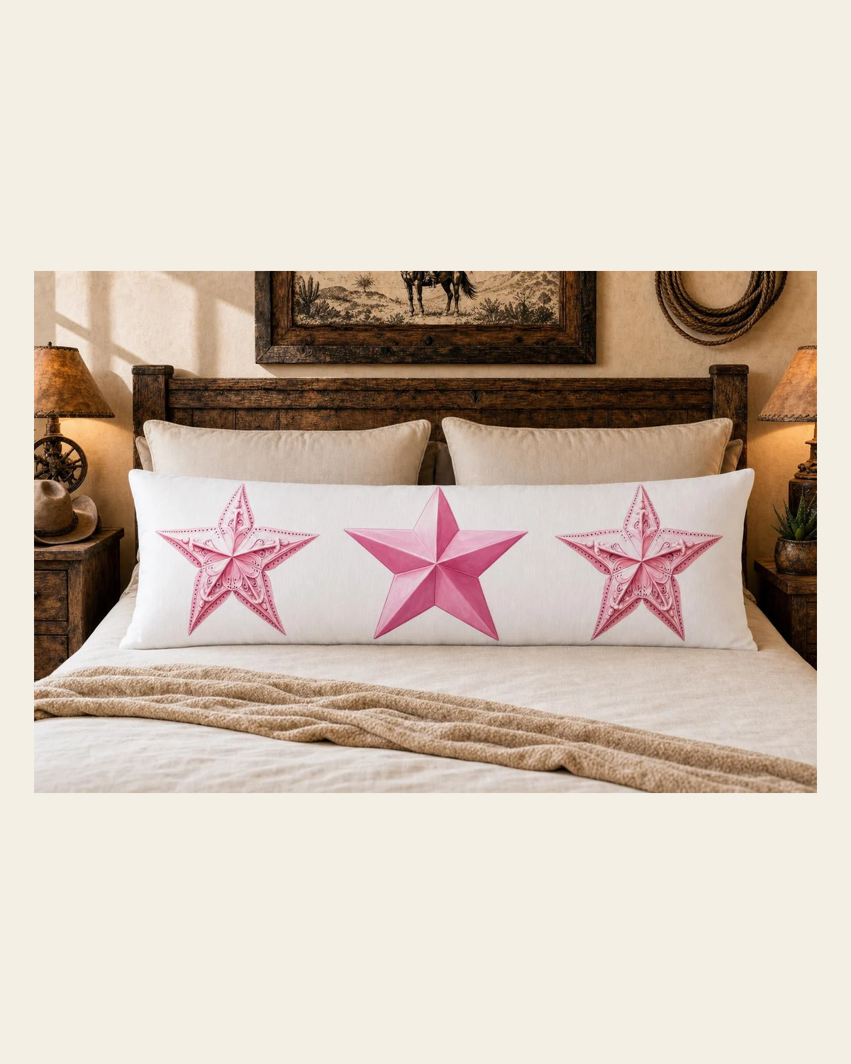 Baha Ranch Pink Cowgirl Stars Body Pillow Cover Made in America on a warm cream background