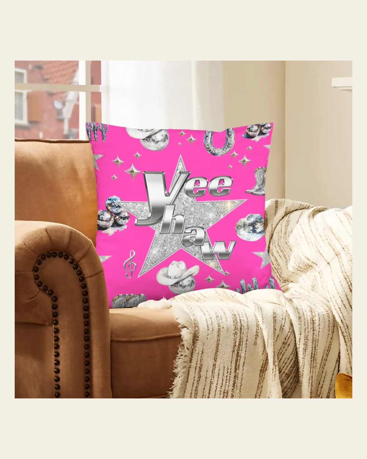 Baha Ranch Pink YEEHAW Velvety Soft Pillow Case Made in America on a warm cream background