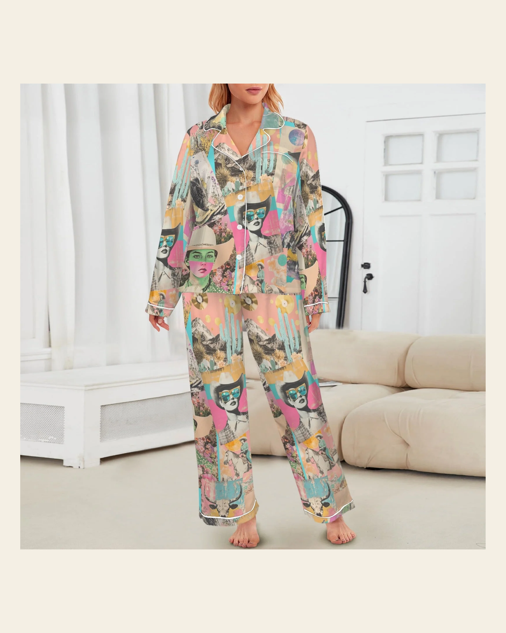 Baha Ranch Pop Western Collage Cowgirl Satin Pajamas on a warm cream background
