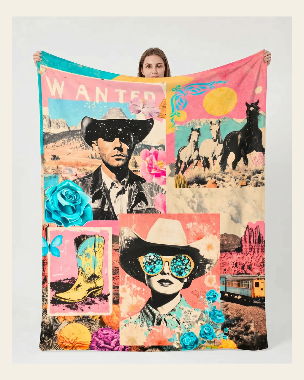 Baha Ranch Pop Western Collage Throw Blanket Ultra-Soft Micro Fleece Blanket 60" x 80" Made in America on a warm cream background