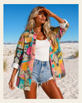 Baha Ranch Pop Western Retro Cowgirl Collage Button Up Blouse on a warm cream background