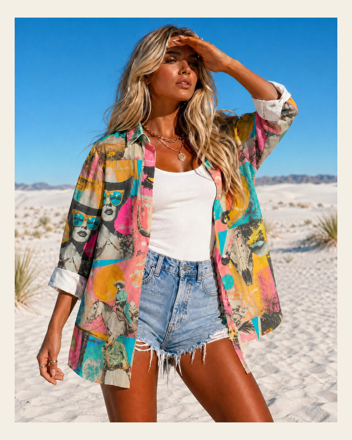 Baha Ranch Pop Western Retro Cowgirl Collage Button Up Blouse on a warm cream background