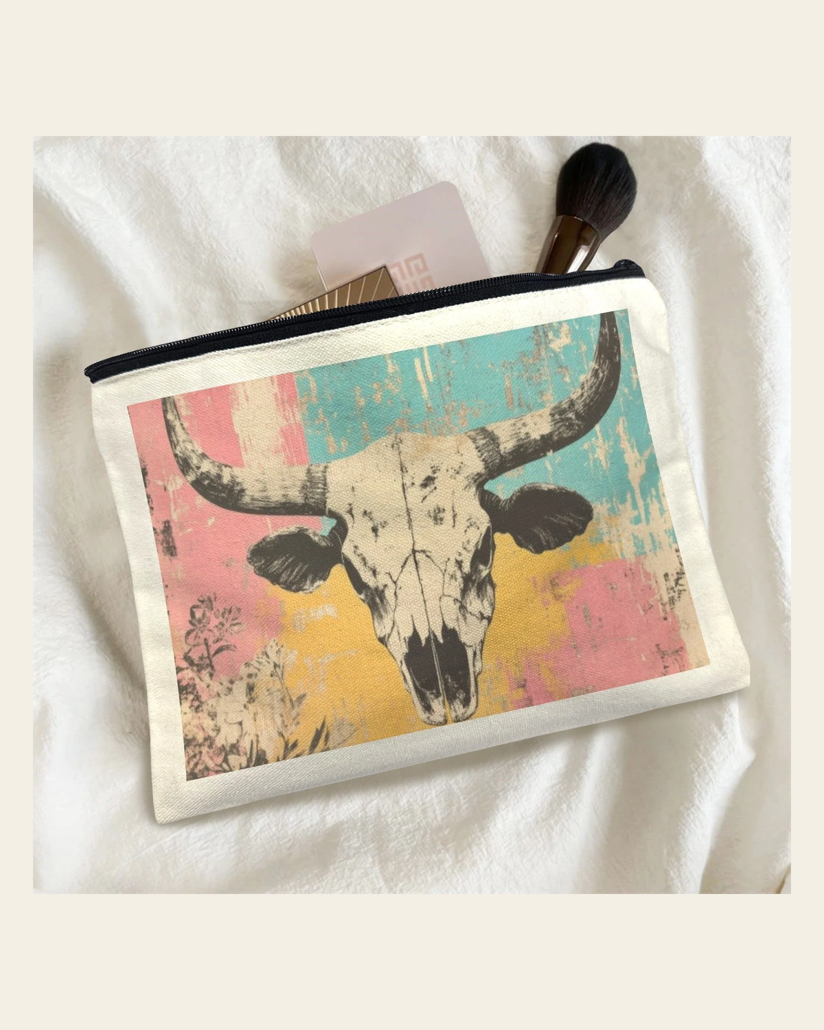 Baha Ranch Pop Western Skull Cosmetic Bag Pack of 5 Made in America on a warm cream background