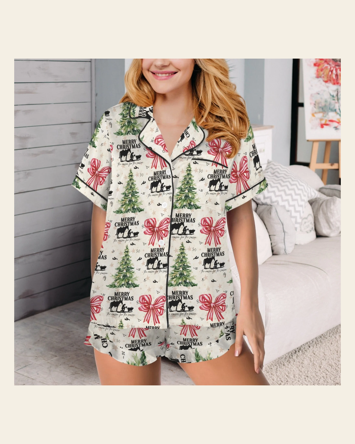 Baha Ranch Praying Cowboy Christmas Cowgirl Western Satin Pajamas Short Set on a warm cream background
