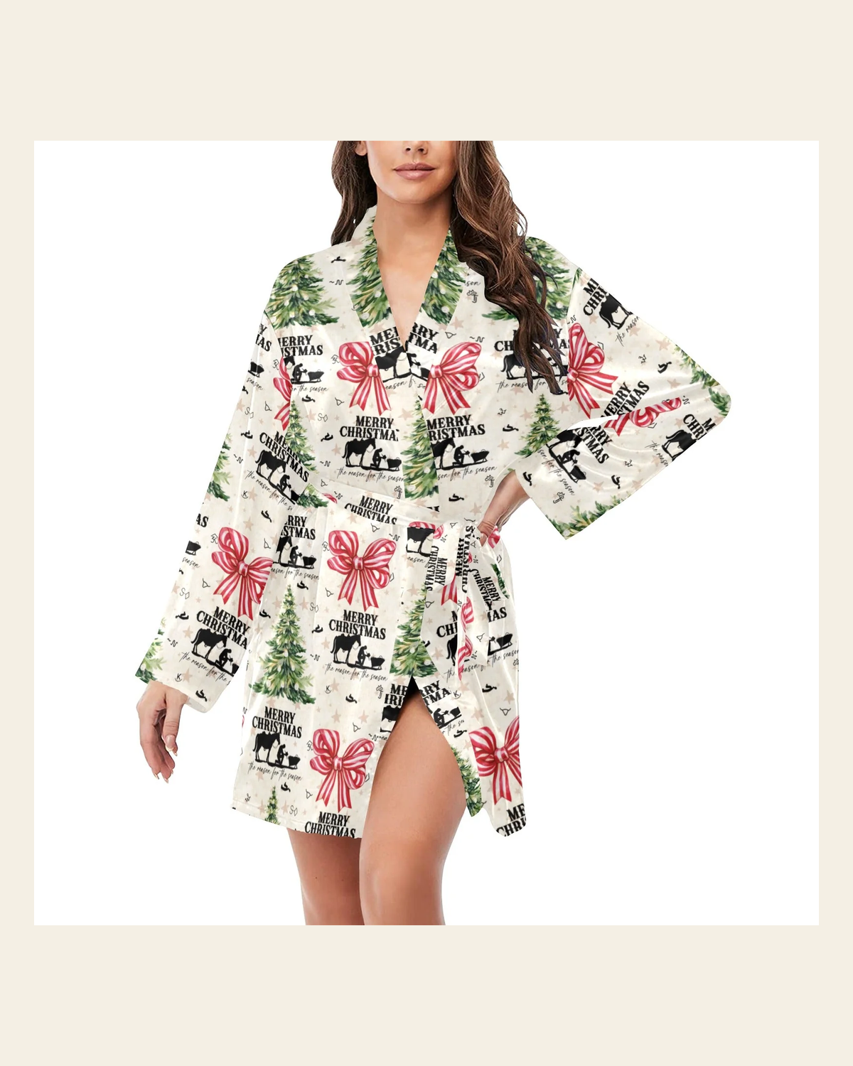 Baha Ranch Praying Cowboy Christmas Western Cowgirl Satin Robe on a warm cream background