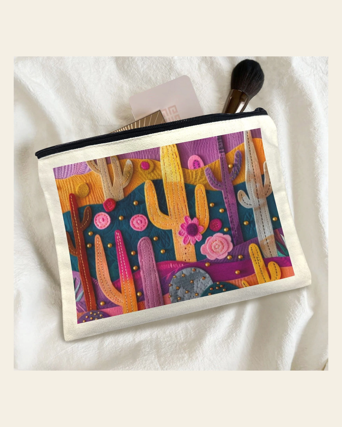 Baha Ranch Printed Cactus Cosmetic Bag Pack of 5 Made in America on a warm cream background
