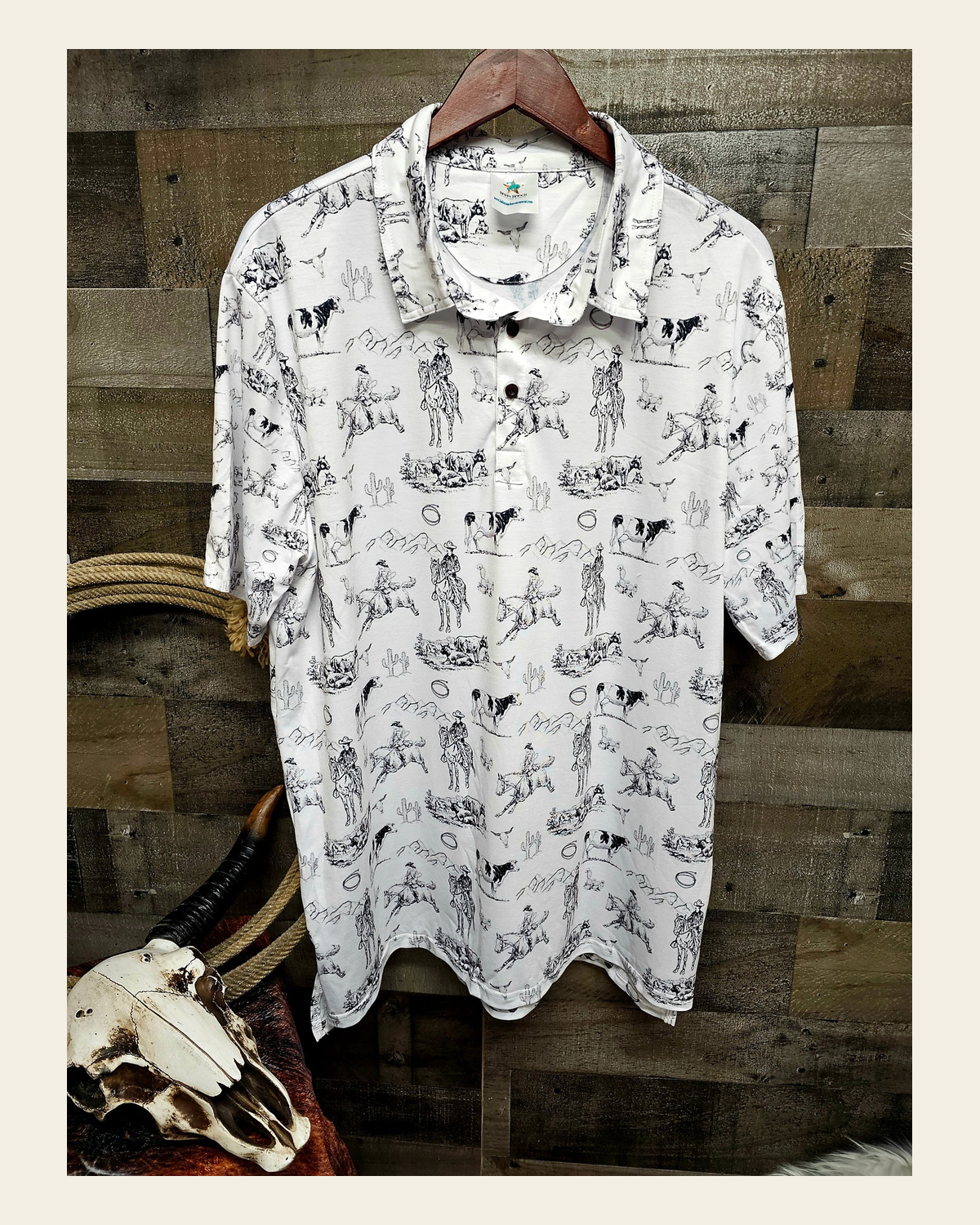 Baha Ranch Ranch Life Men's Western Polo Shirt on a warm cream background