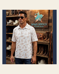 Baha Ranch Ranch Life Men's Western Polo Shirt with tan print on a warm cream background