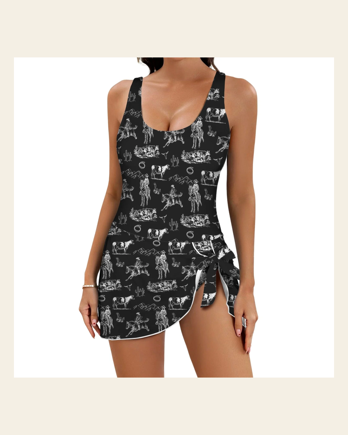 Baha Ranch Ranch Life Skirted Swimsuit on a warm cream background