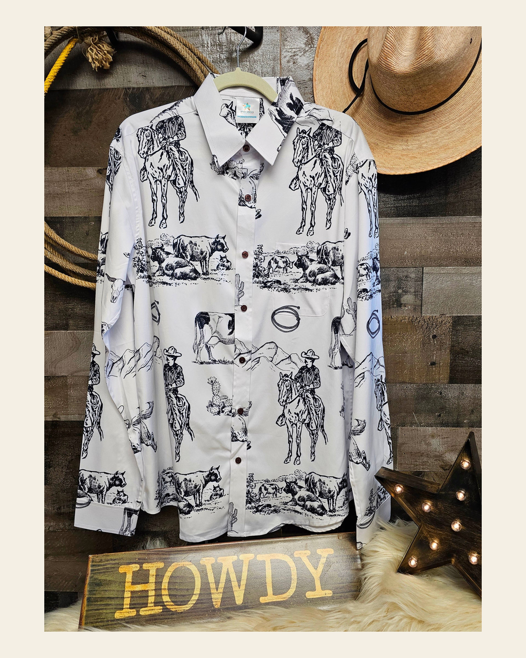 Baha Ranch Ranch Life Unisex Western Button Up Shirt on a warm cream background