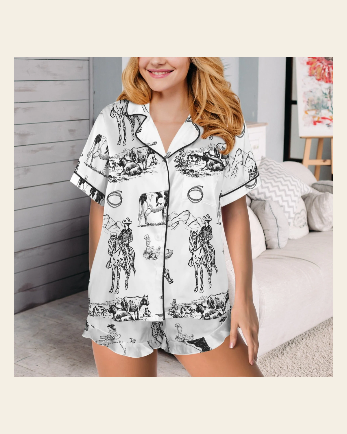 Baha Ranch Ranch Life Western Cowgirl Satin Ruffle Pajama Set on a warm cream background