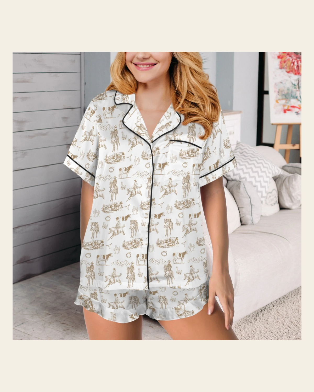 Baha Ranch Ranch Life Western Satin Western Pajama Set on a warm cream background