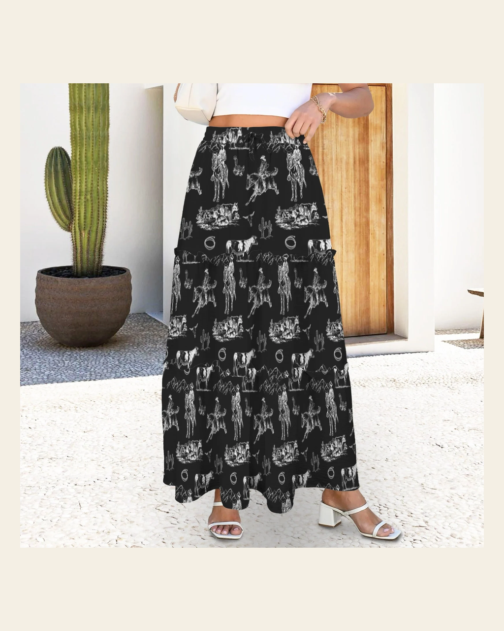 Baha Ranch Ranch Life Western Tiered Prairie Maxi Skirt on a warm cream background