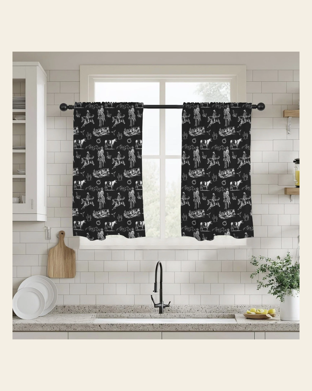 Baha Ranch Ranch Life Window Curtains 28"x40" (2-Piece) Made in America on a warm cream background