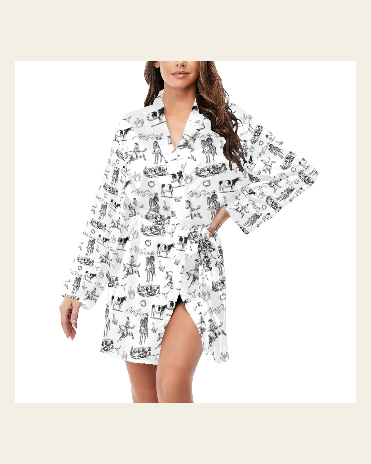 Baha Ranch Ranch Life Women's Belted Satin Feel Dressing Lounge Robe on a warm cream background