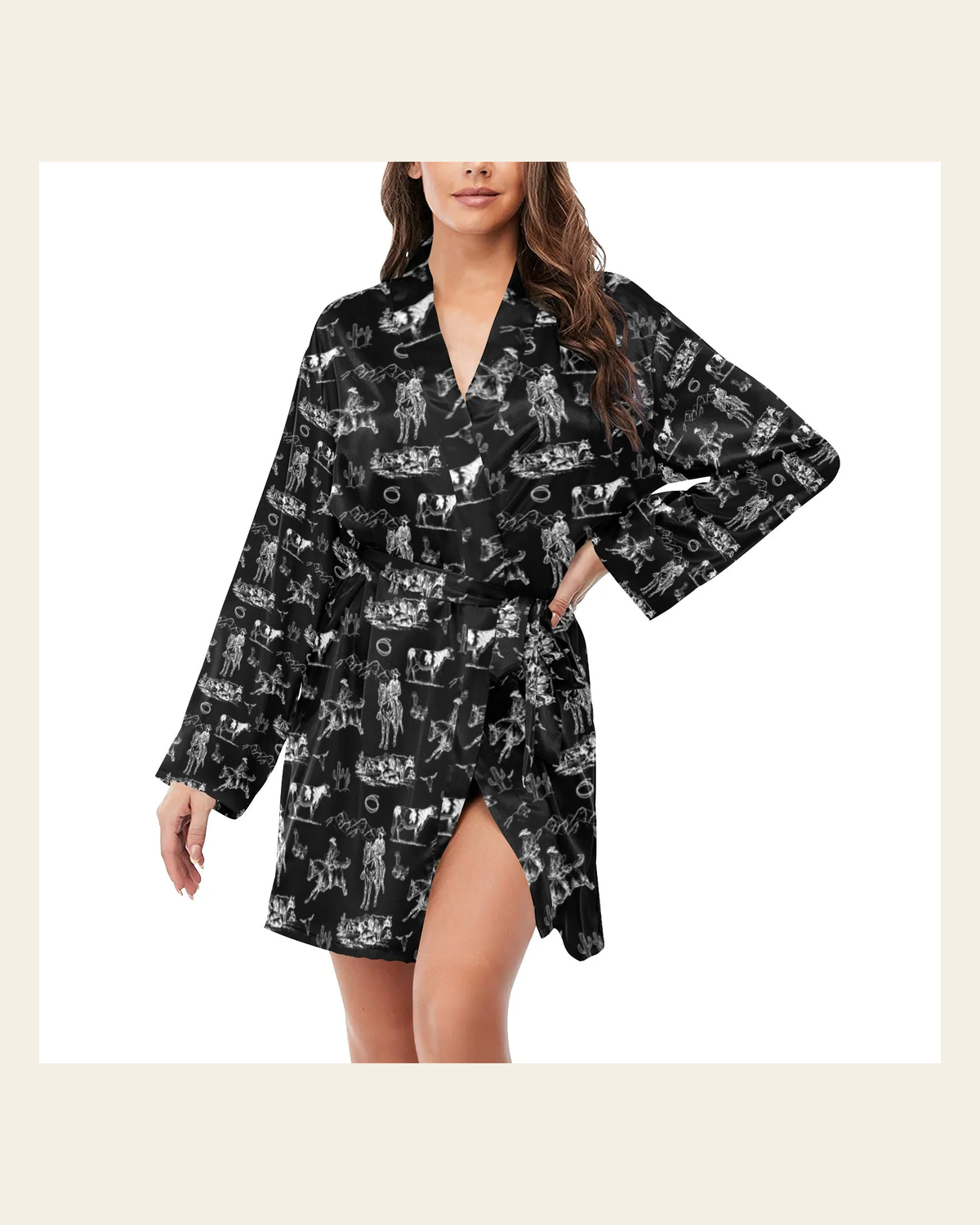 Baha Ranch Ranch Life Women's Belted Satin Feel Dressing Lounge Robe on a warm cream background
