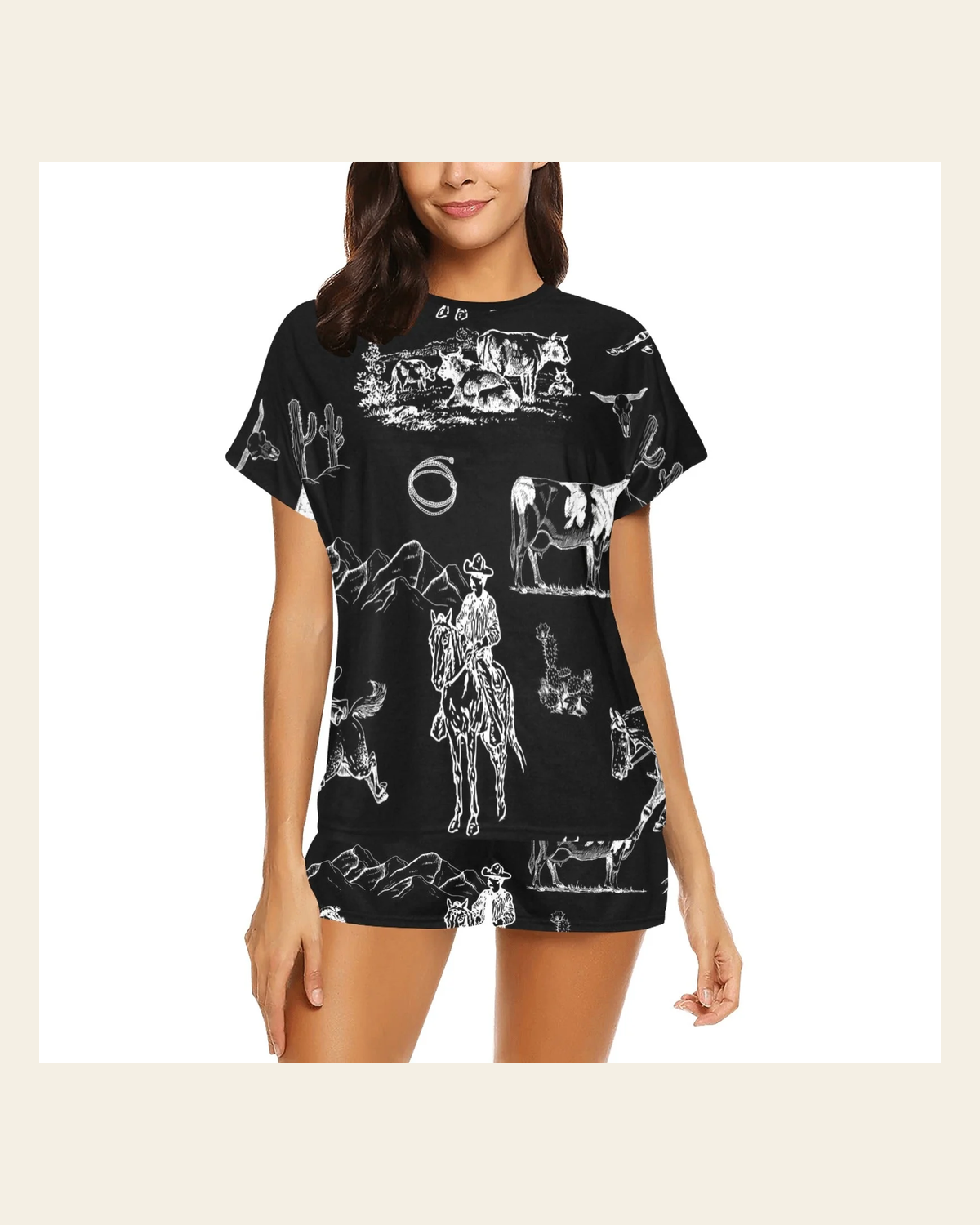 Baha Ranch Ranch Life Women's Top and Shorts Pajama Set on a warm cream background